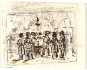 Compositieontwerp met een middeleeuwse (?) scène door Martinus Rørbye