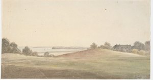 Landschap met water op de achtergrond en huis rechts