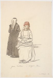 Zittende oude vrouw en een staande