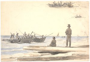Twee vissersboten varen naar het strand van Skagen