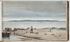 Uitzicht op een Strandlandschap met Stormwolken aan de Hemel. Twee Mannen Werken bij een Boot en een Vuur op de Voorgrond