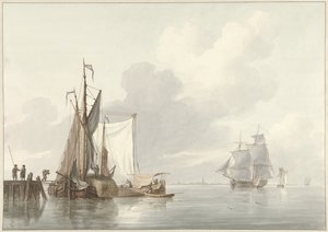 Riviergezicht met afgemeerde schepen door Martinus Schouman