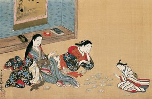 Vrouwen die kaarten spelen, door Maruyama Okyo, zijdeschildering in ukiyo-e stijl, Japan door Maruyama Okyo