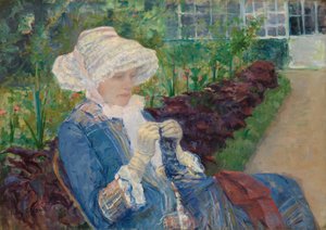 Lydia aan het haken in de tuin in Marly, 1880