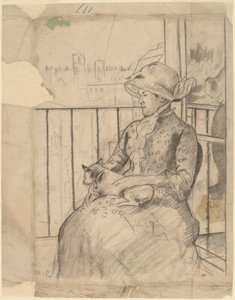 Susan op een balkon met een hond [recto], ca. 1883 door Mary Cassatt
