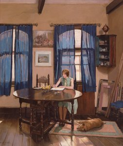 Interieur met een vrouwelijke kunstenaar die schildert aan een klaptafel