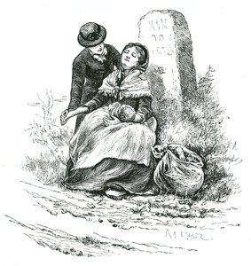 Een behoeftige, ongehuwde moeder uitgeput gevonden op weg naar het armenhuis met haar baby. Scène die doet denken aan een roman van Thomas Hardy maar niet ongewoon in landelijke gebieden in het hele land. Illustratie door Mary Ellen Edwards ca. 1881 door Mary Ellen Edwards