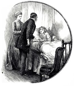 Een gravure die een dokter afbeeldt die zijn jonge patiënt thuis bezoekt door Mary Ellen Edwards