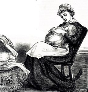 Een gravure die een moeder toont die haar baby wiegt. Geïllustreerd door Mary Ellen Edwards (1838-1934) een Engelse kunstenares en productieve illustrator van kinderboeken