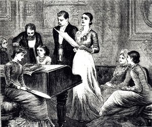 Een gravure die een muzikale avond afbeeldt. Geïllustreerd door Mary Ellen Edwards door Mary Ellen Edwards