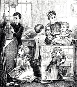 Een gravure die een reguliere scène van een rijke Victoriaanse familie toont. In de hoofdafbeelding worden de kinderen in de gaten gehouden door hun kindermeisje terwijl ze met bouwstenen spelen. De inzetafbeelding toont een klein meisje dat een potplant o