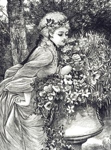 Een gravure die een jong meisje afbeeldt dat bloemen ruikt in een tuinvaas. Geïllustreerd door Mary Ellen Edwards (1838-1934), een Engelse kunstenares en illustratrice van kinderboeken door Mary Ellen Edwards