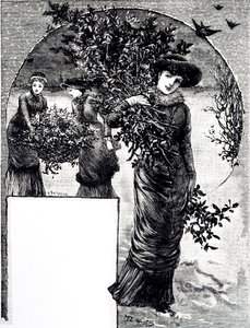 Een gravure die het verzamelen van hulst en groenblijvende planten voor kerstversiering afbeeldt. Geïllustreerd door Mary Ellen Edwards