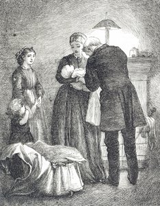 Gravure die een dokter afbeeldt die een baby met mazelen onderzoekt door Mary Ellen Edwards