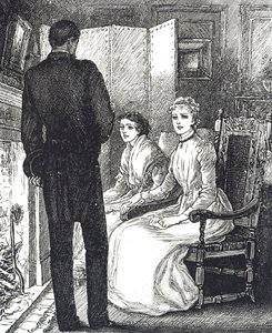Gravure die twee vrouwen toont die zich warm houden bij de open haard door Mary Ellen Edwards