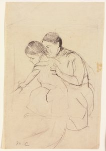 Baby met linkerhand die een badkuip aanraakt, vastgehouden door haar verpleegster, ca. 1891 door Mary Cassatt