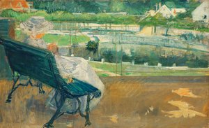 Lydia zittend op een veranda, aan het haken, ca. 1881 door Mary Cassatt