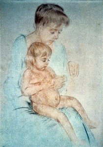 Vrouw houdt klein naakt kind op schoot terwijl ze haar nagels verzorgt, c1904. Pastel. Mary Cassatt (1844-1926) Amerikaanse schilder en graficus die vanaf 1866 voornamelijk in Frankrijk woonde. Huiselijke Moeder Kind