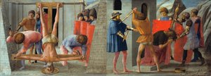 Italiaans:  Masaccio crocefissione di san pietro e martirio di san giovanni Battista De kruisiging van de apostel Petrus en de onthoofding van Johannes de Doper