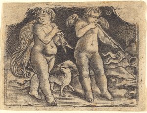 Cupido draagt een vogel vergezeld door een hond, en een andere cupido speelt trompet