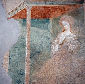 Fresco van Masolino da Panicale in het Baptisterium van Castiglione, detail van de Annunciatie (2)