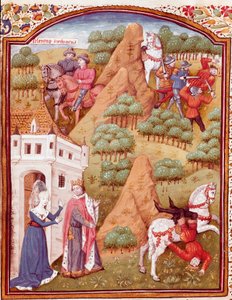 Seleucos I Nicator en zijn vader Antiochos koning van Azië en Syrië Een van de twee koningen wordt vermoord, paard valt. Miniatuur uit "Des cas des nobles hommes et femmes infortunes" (De casibus) door Giovanni Boccaccio