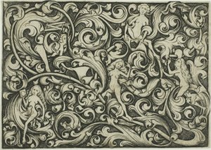 Ornament met vechtende vrouwen door Master E.S.