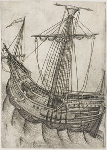 Schip met opgerolde zeilen en pijl wijzend naar rechts door Master W with the Key