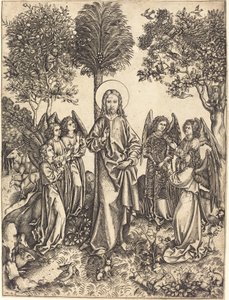 Christus in de wildernis bediend door engelen