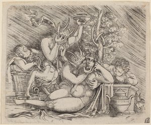 Bacchanaal Scène met Saters en een Maenade door Master of 1515