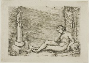 Cleopatra liggend aan de voet van een boom, met een term door Master of 1515