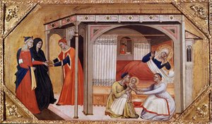 De geboorte van de Maagd Maria door Master of Ashmolean Predella