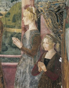 Italië, regio Piemonte, provincie Alessandria, Serralunga di Crea, Sacro Monte di Crea, Heiligdom van Santa Maria Assunta, Kapel van St. Margaretha van Antiochië, Fresco met Paleologo en Bernarda di Bosse
