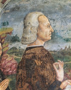Italië, Piëmont, provincie Alessandria, Serralunga di Crea, Sacro Monte di Crea, Heiligdom van Santa Maria Assunta, Kapel van St. Margaretha van Antiochië, Portret van Guglielmo VIII Paleologo, Markies van Monferrato, Fresco