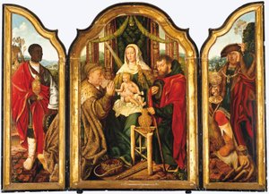De Heilige Familie met Melchior die Goud aanbiedt aan het Christuskind door Master of Frankfurt