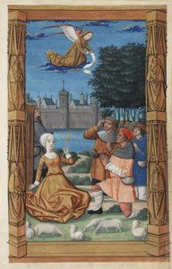 Aankondiging aan de herders, uit een getijdenboek, c.1485 door Master of Guillaume Lambert