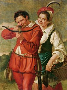 Vrouw en de kruisboogschutter, ca. 1610 door Master of Harlem