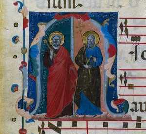Blad uit een Graduale met geïllustreerde initiaal (M): SS. Petrus en Andreas