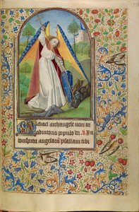 Sint Michiel in gevecht met de duivel door Master of Jacques of Luxembourg