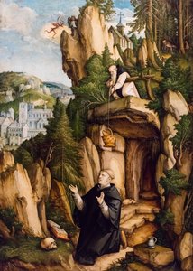 Sint Benedictus als biddende kluizenaar, ca. 1540 (Tempera en olieverf op hout (lindenhout)) door Master of Messkirch
