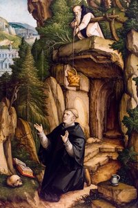 Sint Benedictus als biddende kluizenaar, ca. 1540 (Tempera en olieverf op hout (lindenhout)) door Master of Messkirch