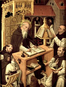 Sint-Hieronymus in het scriptorium, ca. 1485 door Master of Monasterio de Santa María