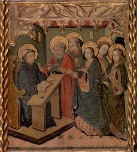 De Maagd Maria en Heiligen Petrus, Paulus, Johannes de Evangelist en Catharina van Alexandrië Verschijnen aan Sint Martinus door Master of Riglos