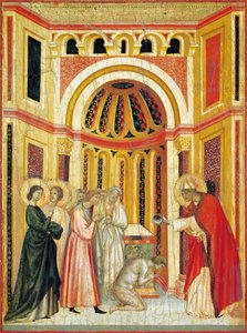 Bisschop Urban doopt Tiburcio, detail van altaarstuk van Legende van Sint Cecilia, circa 1304, door Meester van Sint Cecilia (actief begin 14e eeuw), tempera op paneel en bladgoud gestempeld, 85x181 cm