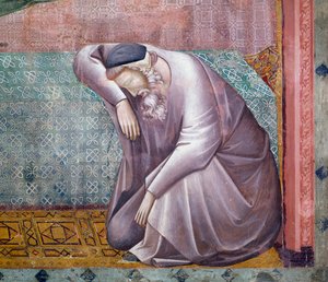 Verhalen van Sint Franciscus, detail van verschijning aan Gregorius IX, fresco door Meester van Sint Cecilia (13e-14e eeuw), Bovenkerk, Pauselijke Basiliek van Sint Franciscus van Assisi (UNESCO Werelderfgoedlijst, 2000), Assisi, Umbrië, Italië