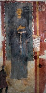 Voorstelling van Sint Franciscus van Assisi (1181-1226). Dit is waarschijnlijk de eerste voorstelling van de heilige uitgevoerd terwijl hij nog leefde, zonder stigma en zonder aureool. Hij houdt een papier vast waarop in het Latijn staat geschreven: Pax hu
