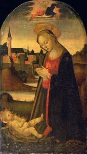 De Madonna aanbidt het kind, een stad aan een rivier op de achtergrond, ca. 1478 door Master of San Miniato