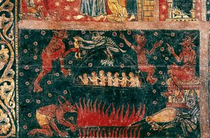 Teken van Sint Michaël. Detail van de hel. Schilderij door De Meester van Soriguerola (midden 13e eeuw). Tempera op hout. Nationaal Kunstmuseum van Catalonië, Barcelona. door Master of Soriguerola