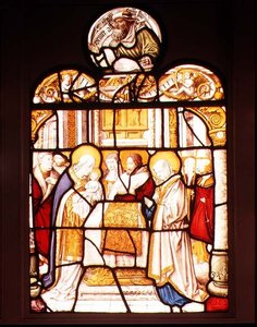 De presentatie in de tempel; raam van de Cisterciënzerabdij van Mariawald, Eifel door Master of St. Severin