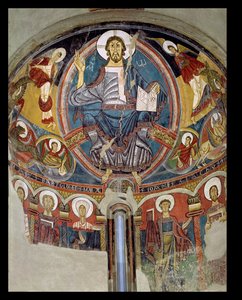 Christus in Majesteit geflankeerd door serafijnen en symbolen van de evangelisten, apsisfresco uit San Climente in Taull (Tahull) Catalonië, c.1123